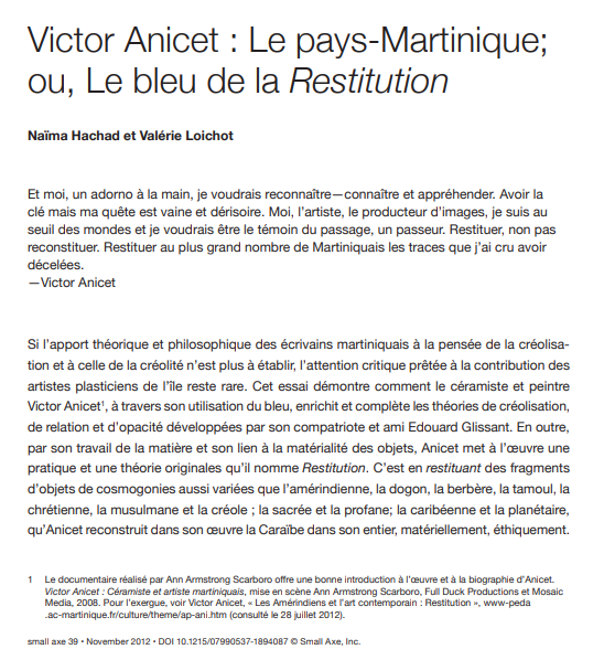 Début de l'article de Valérie Loichot et de Naïma Hachad sur le travail de Victor Anicet, artiste martiniquais
